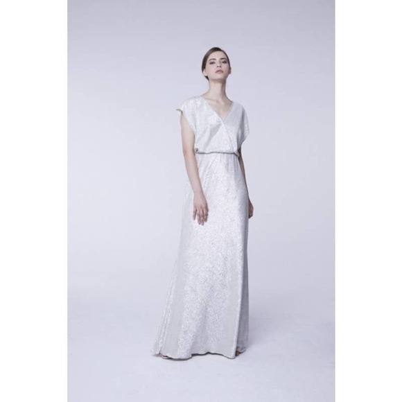 JY Jenny yoo Soho Metallic Blouson V Neck Gown Silver Women's Size 6 New w/ Tag!